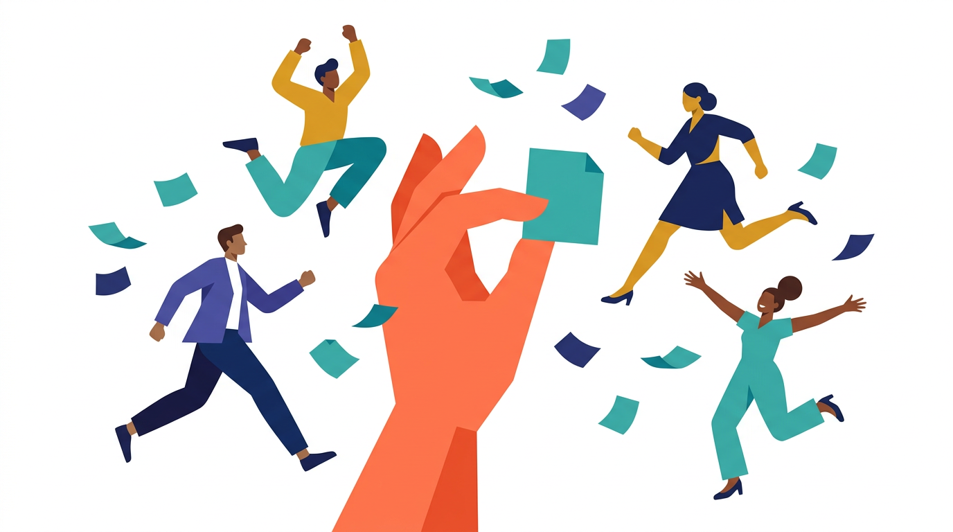 Illustration of four office workers in motion around a hand holding one sheet of paper